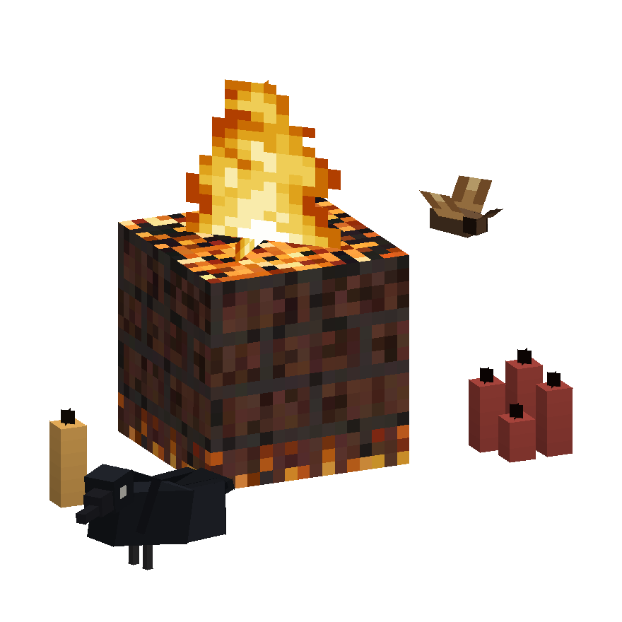the household at the hearth: a lit hearth, candles, a crow, and an ember moth
